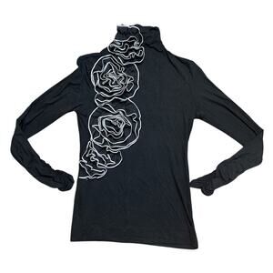 Gracia Black Ruffle Rossett Ribbon Top High Neck Ruched Long Sleeve Size M